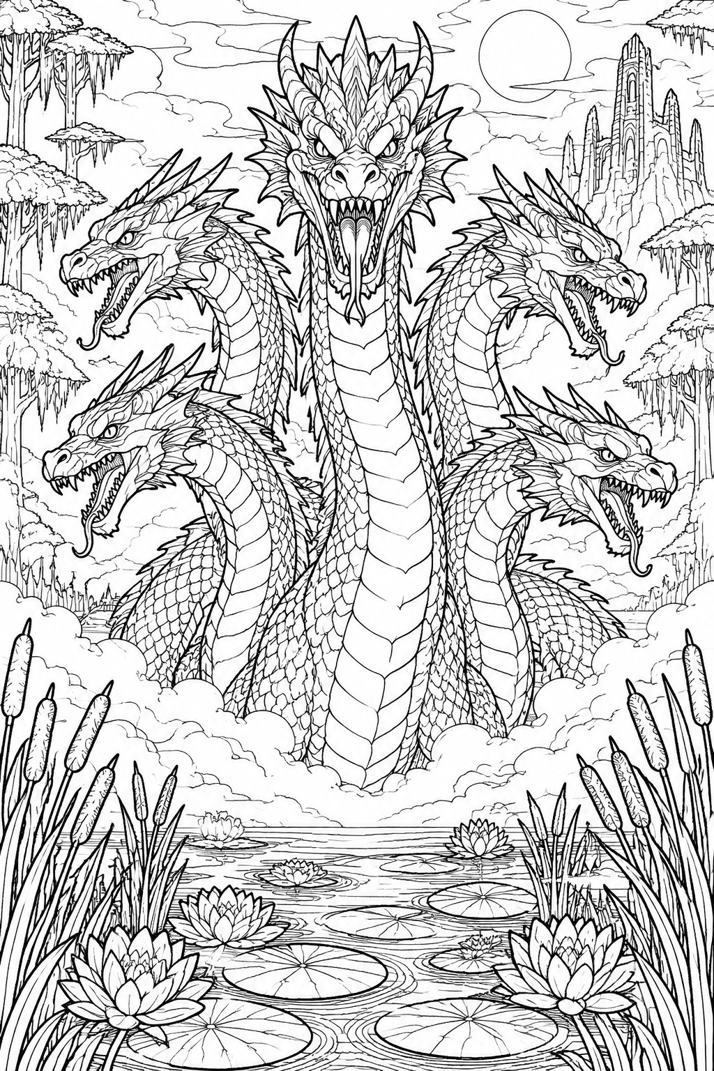 Five-headed dragon rising from lily pad pond amid reeds and misty fantasy castle ruins