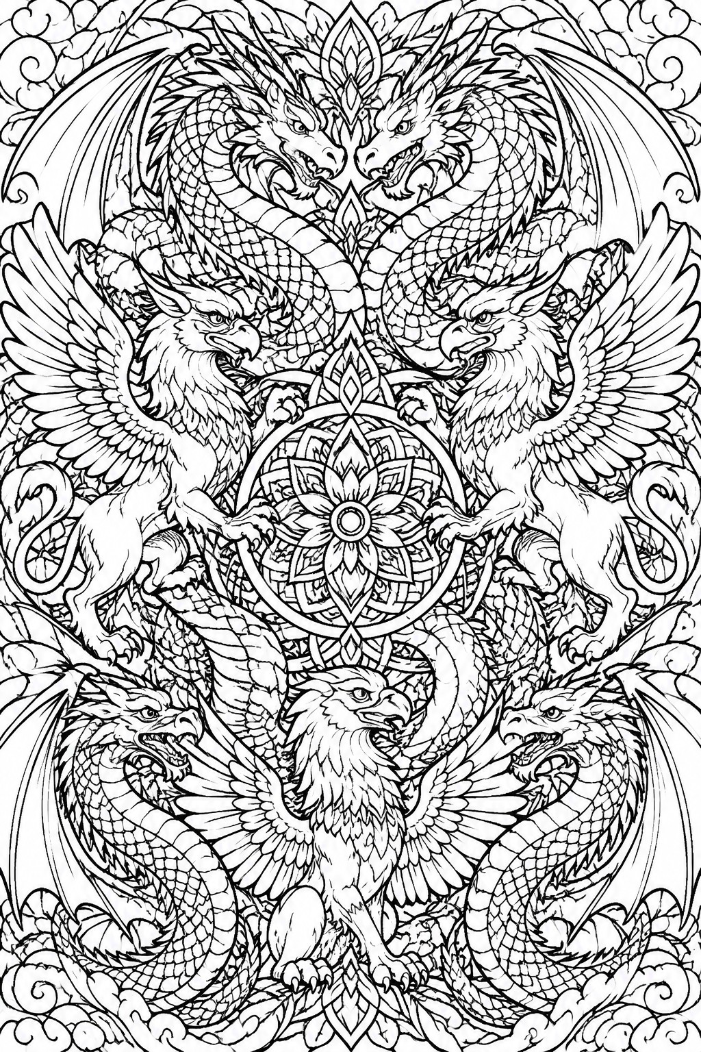 A black and white coloring page with multiple dragons, griffins, and an eagle arranged symmetrically around a central mandala.