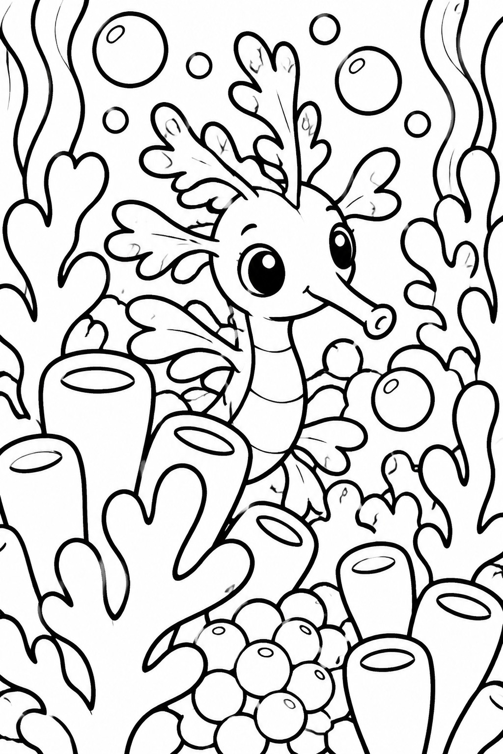 Cartoon seahorse with antlers swims among coral, bubbles, and seaweed in line art.