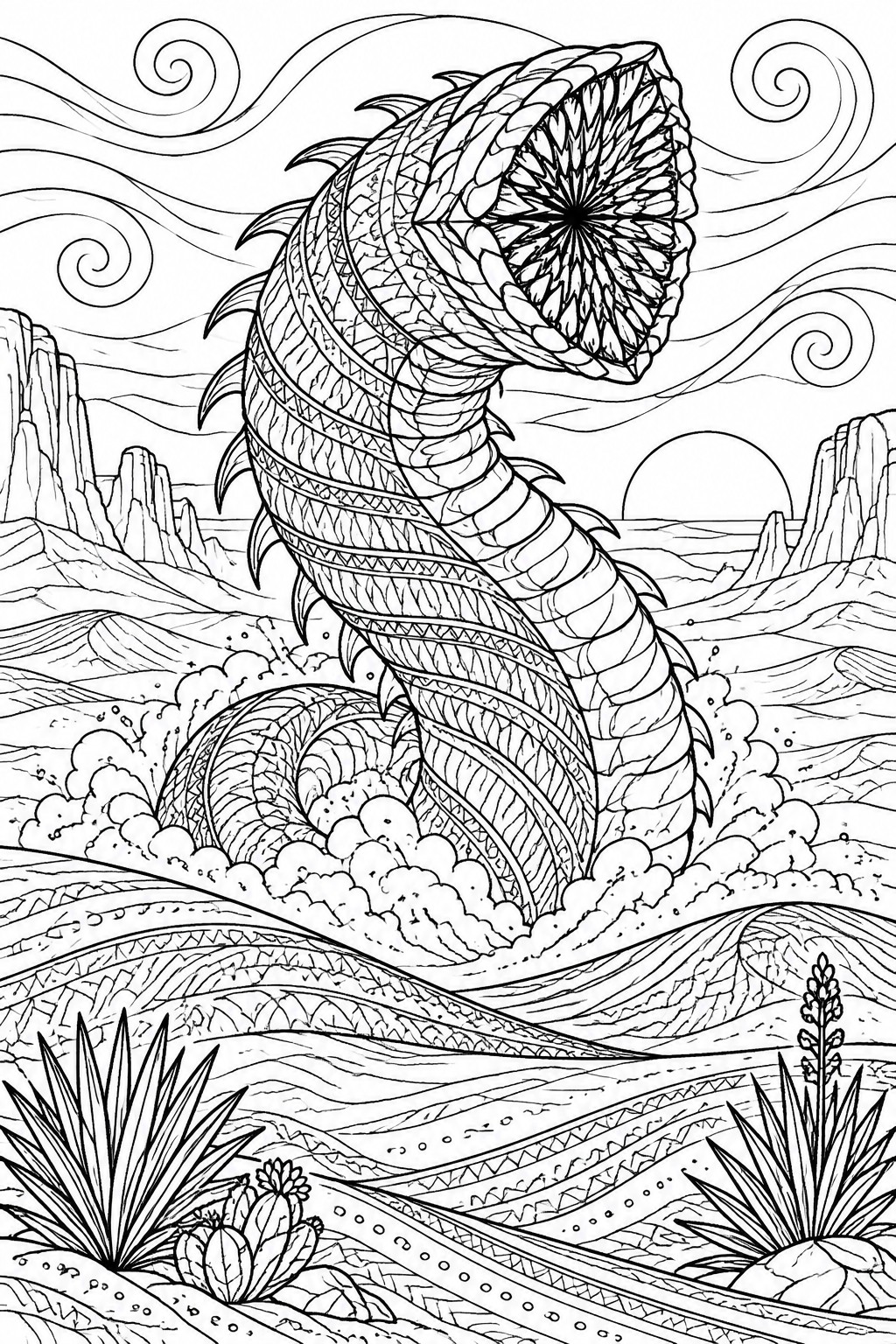 Ornate line art of a huge open-mouthed patterned worm in a swirling desert landscape.