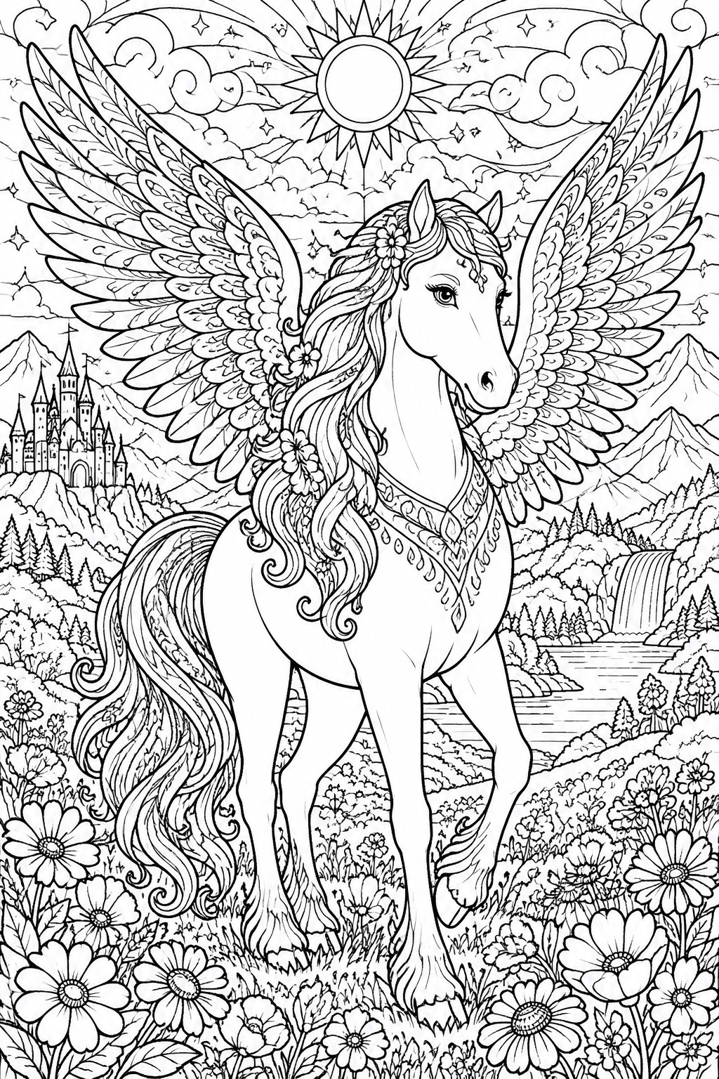 Black and white line art of a winged horse with detailed wings and harness standing in a field of flowers, with a castle on a hill, mountains, waterfall, sun, and clouds in the background.