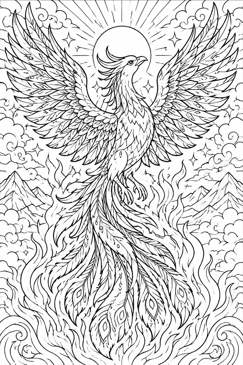 Intricate line art of a phoenix rising from flames amid mountains under a radiant sun