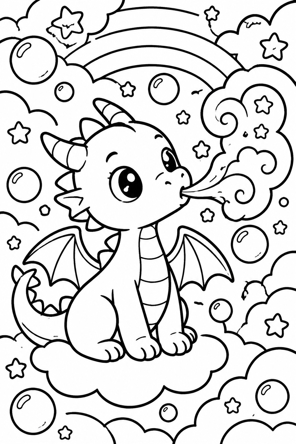 Cute cartoon dragon sitting on cloud breathing swirls amid stars bubbles and rainbow