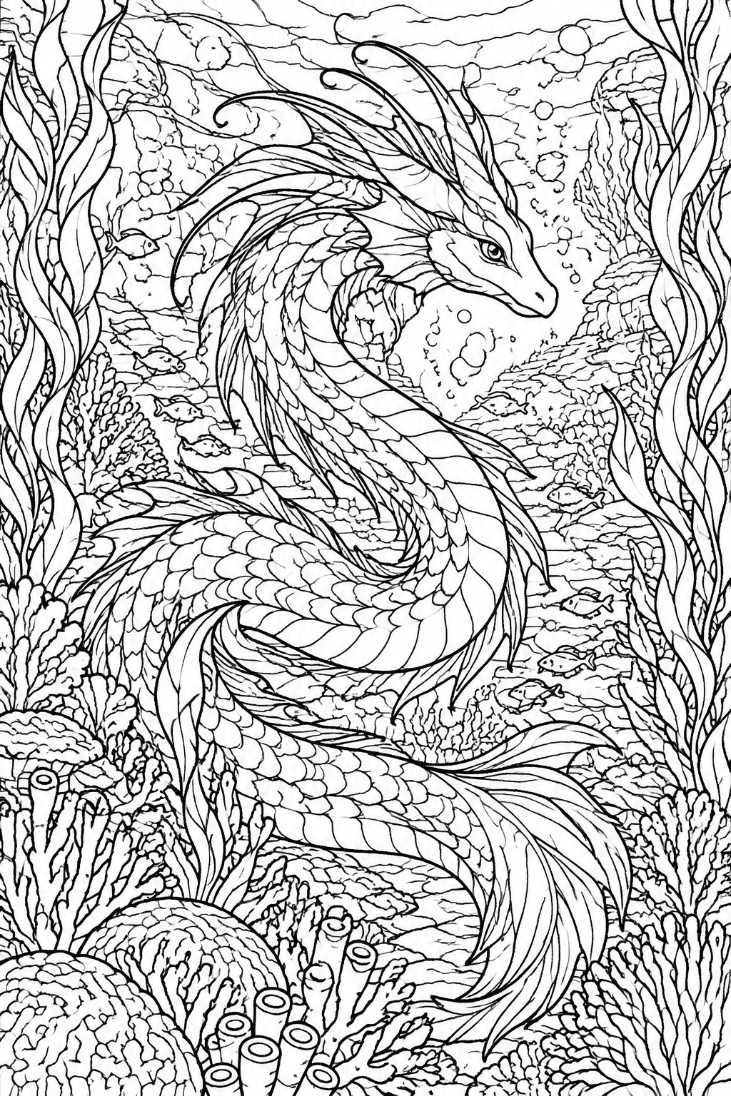 Intricate line art of a coiling sea dragon amid coral reefs, fish and bubbles.