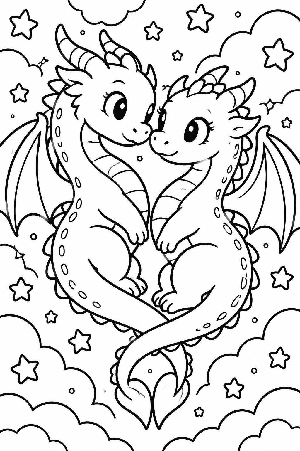 Two smiling cartoon dragons cuddling amid stars and clouds, line art style