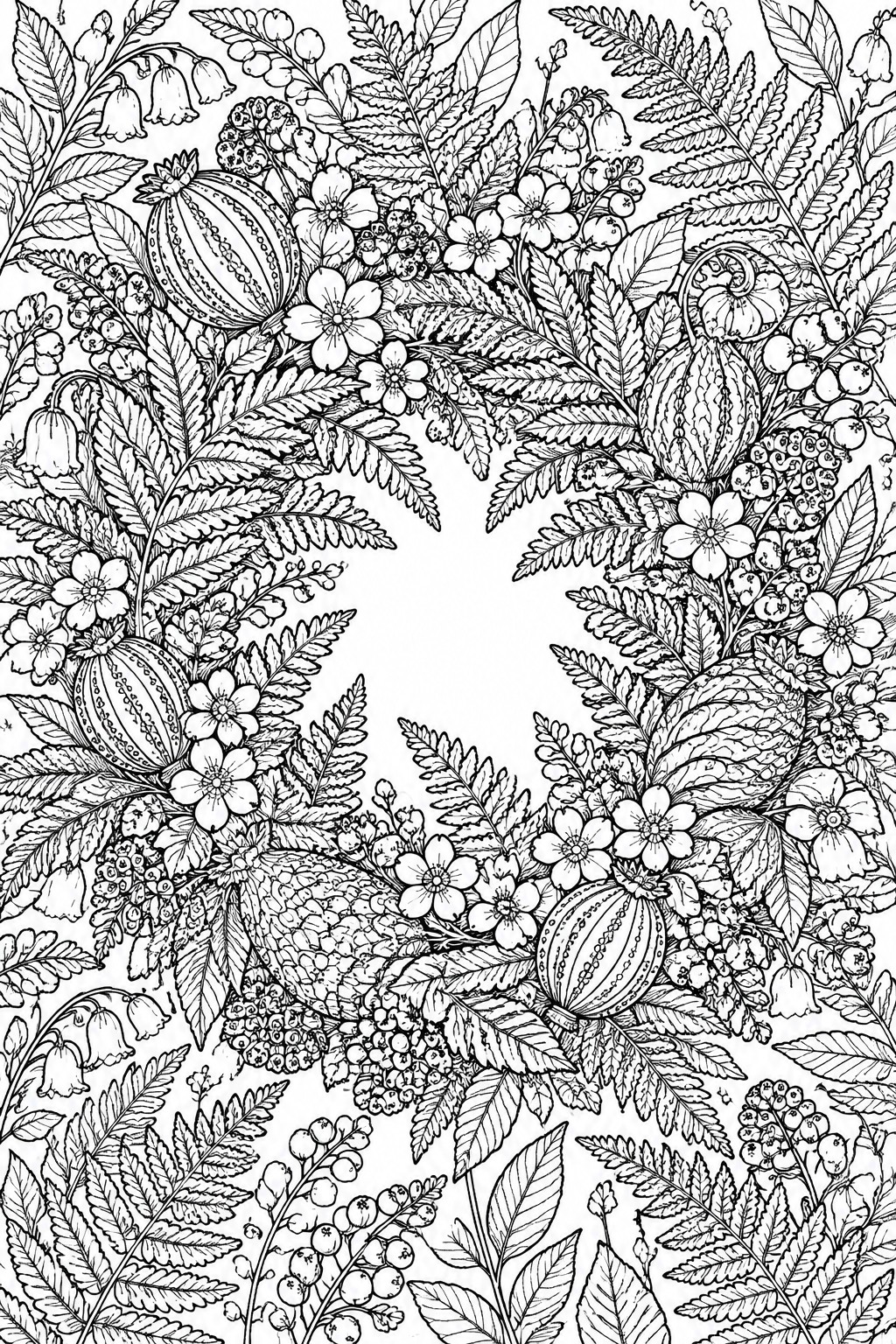 Intricate black-and-white line drawing of flowers, ferns, berries, and gourds in a wreath.