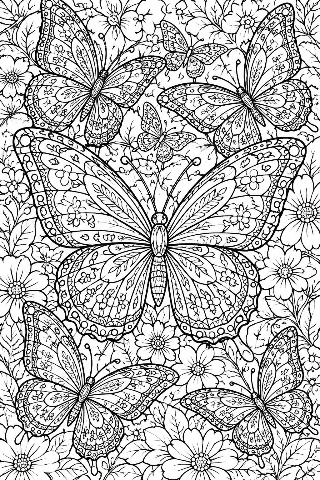 Intricate black and white coloring page of butterflies amid detailed flowers and leaves.