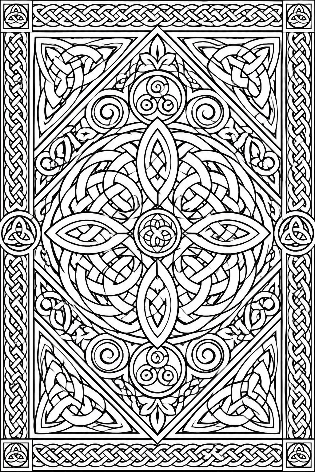 Intricate black-and-white Celtic knotwork with spirals, braids, and triquetra borders.