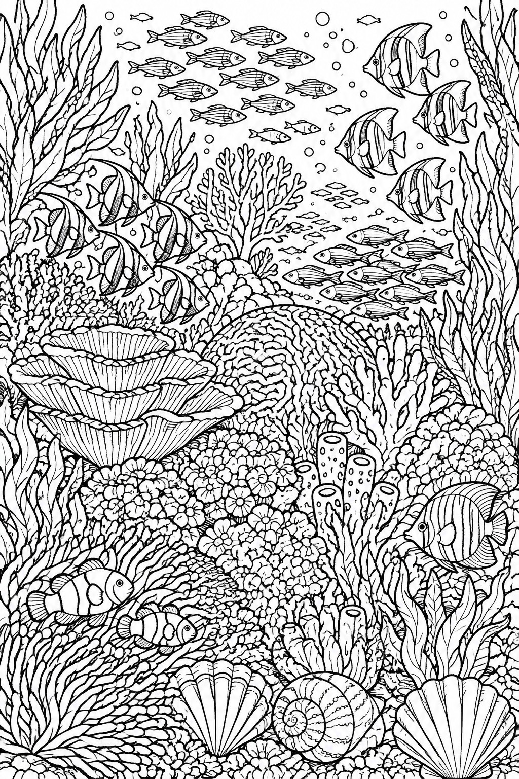 Black-and-white coloring page of fish swimming through coral reef and seaweed