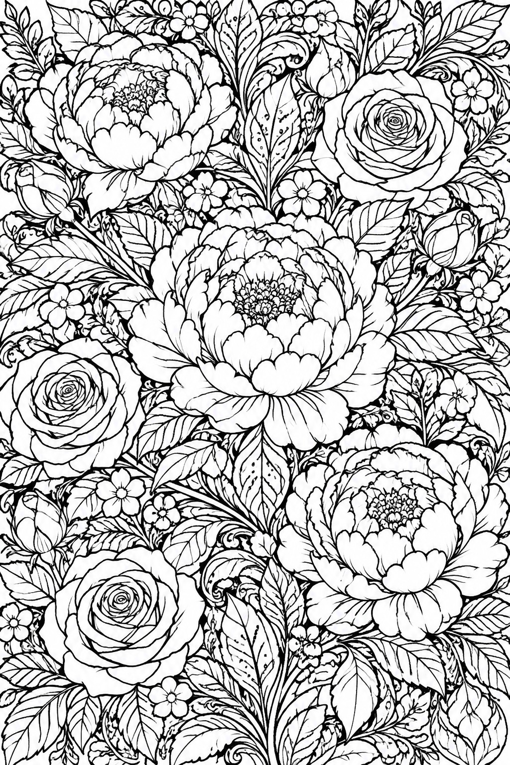Intricate black and white floral drawing of peonies, roses, and dense foliage
