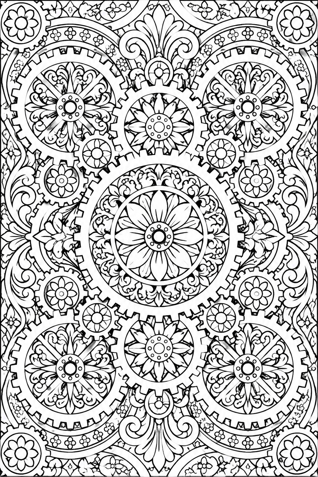 Intricate black and white mandala of interlocking gears and floral patterns