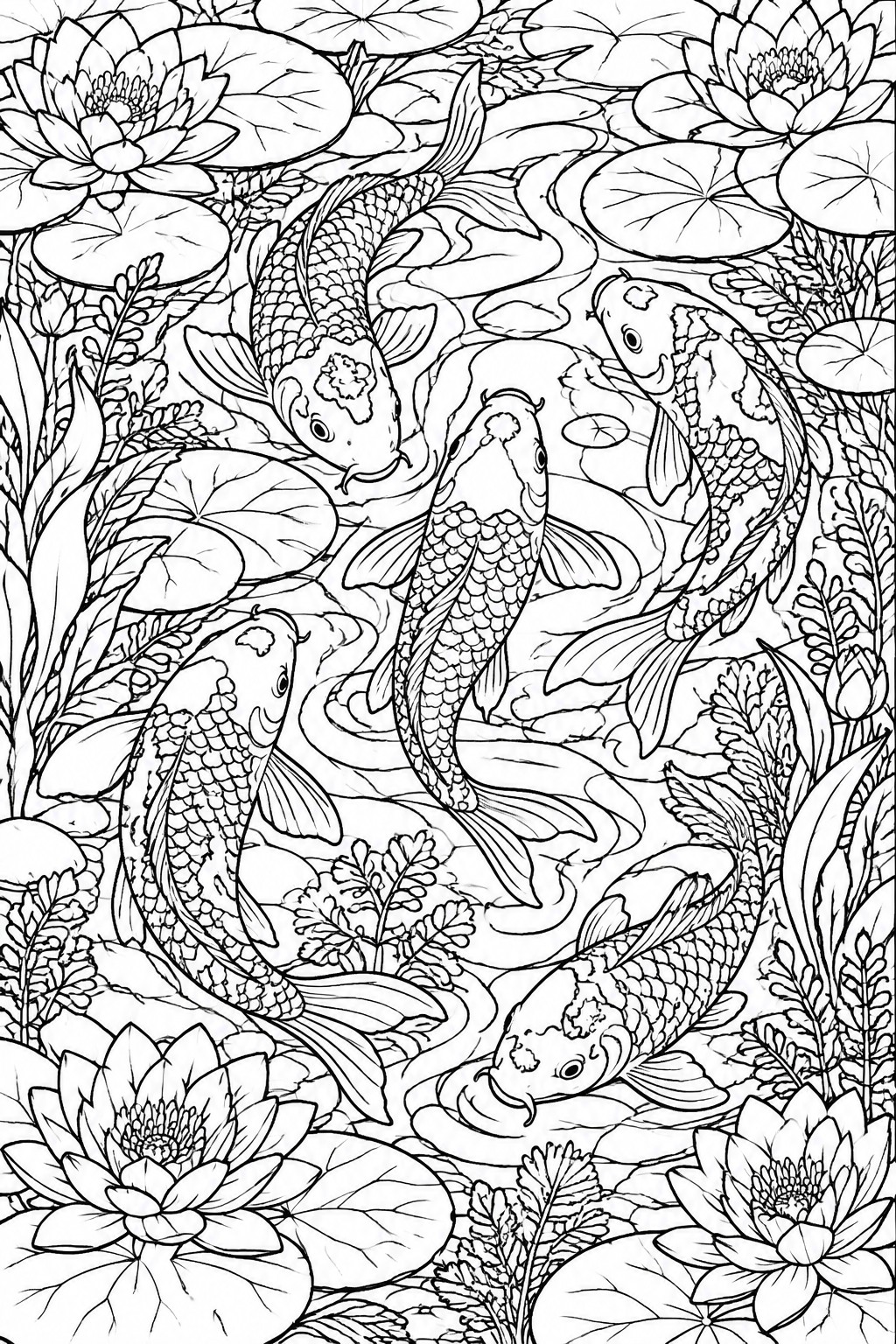 Black and white line drawing of koi fish in a lotus pond