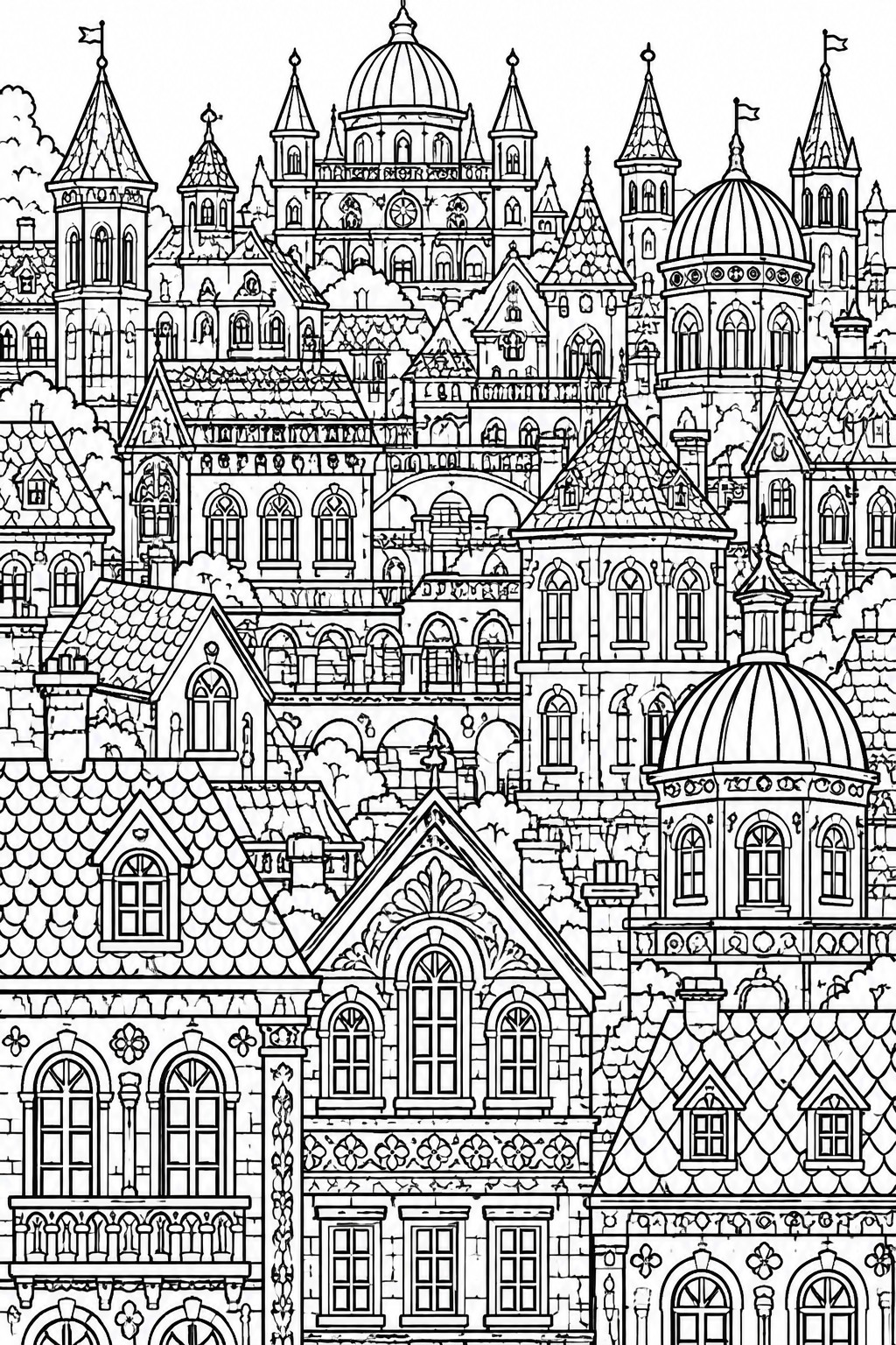 Black and white line art of a crowded fantasy city with many towers, domes, and buildings covered in small windows and roof details.