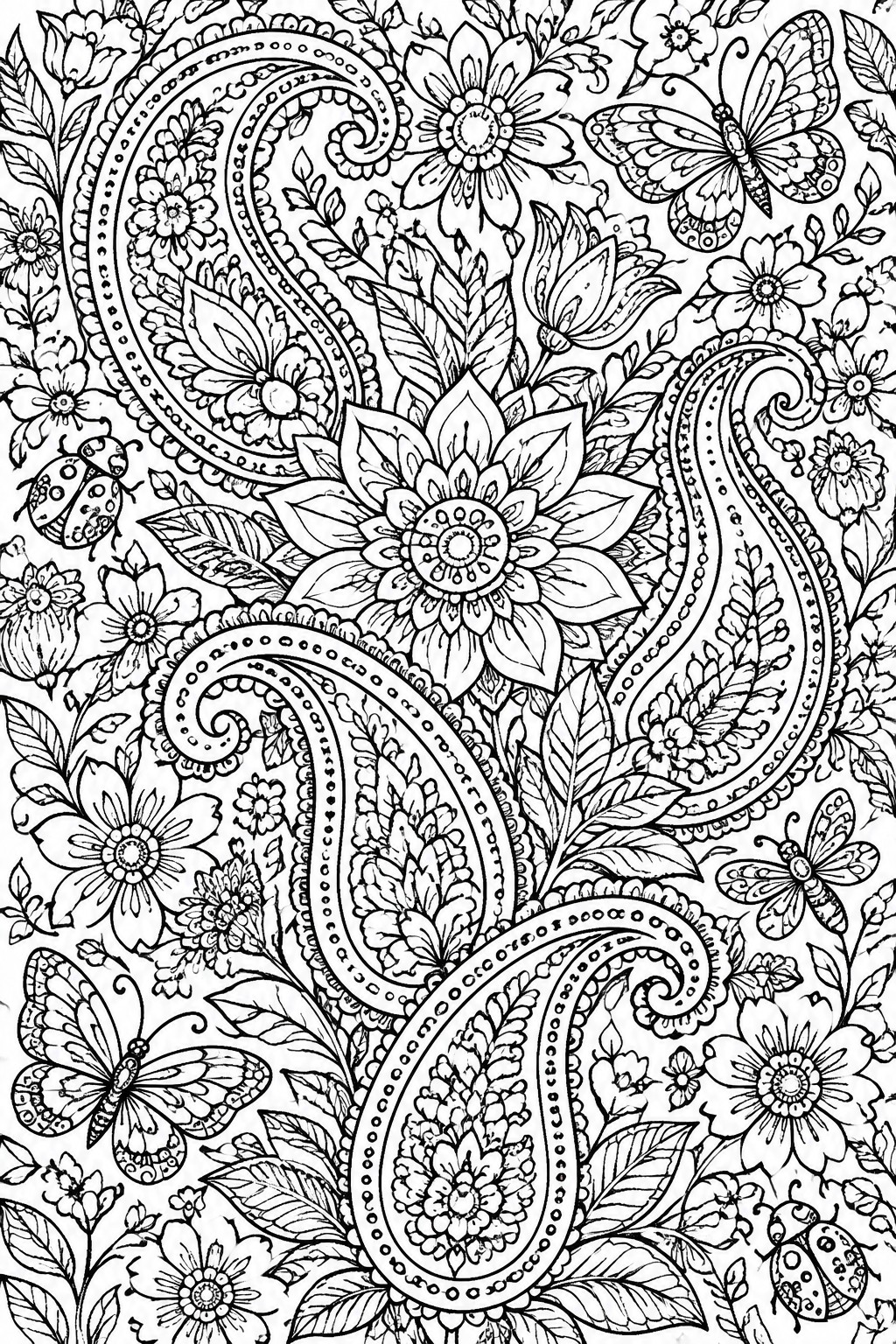 A black and white coloring page with large paisley motifs, flowers, butterflies, and ladybugs filling the entire frame.