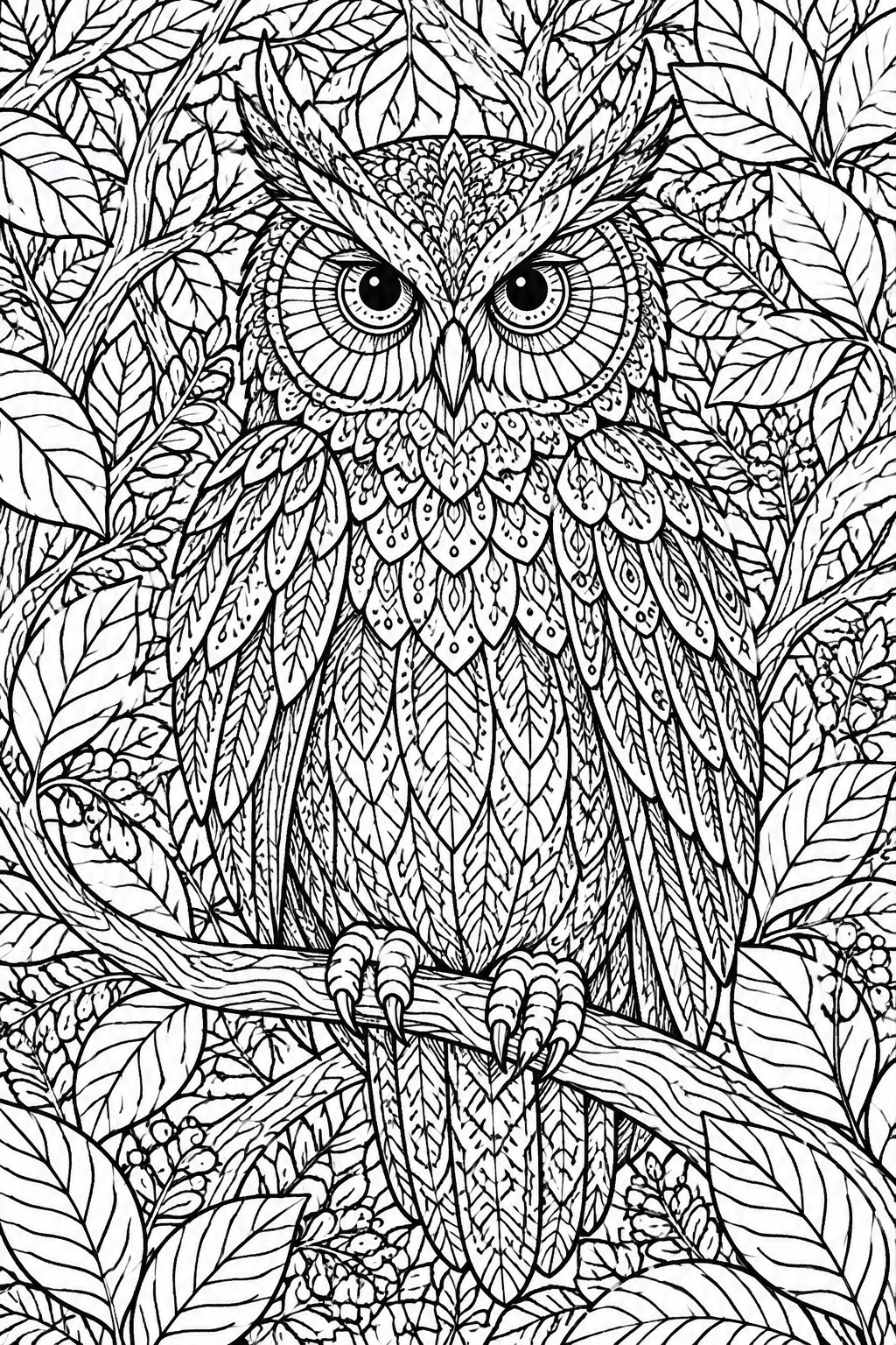 Intricate black-and-white owl with patterned feathers perched amid dense leafy branches