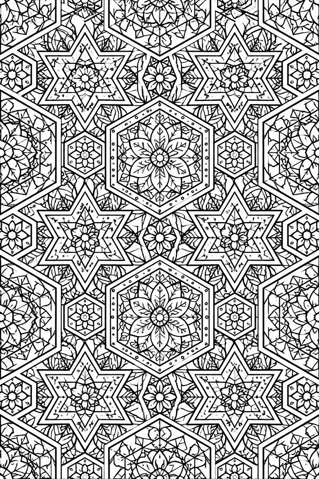 A black and white coloring page with a dense repeating pattern of six-pointed stars, hexagons, and floral motifs.