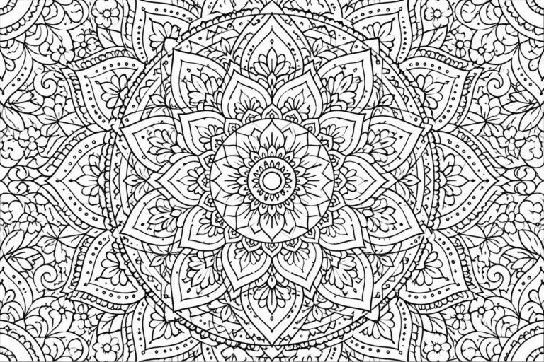 Intricate black and white mandala with floral patterns and geometric layers