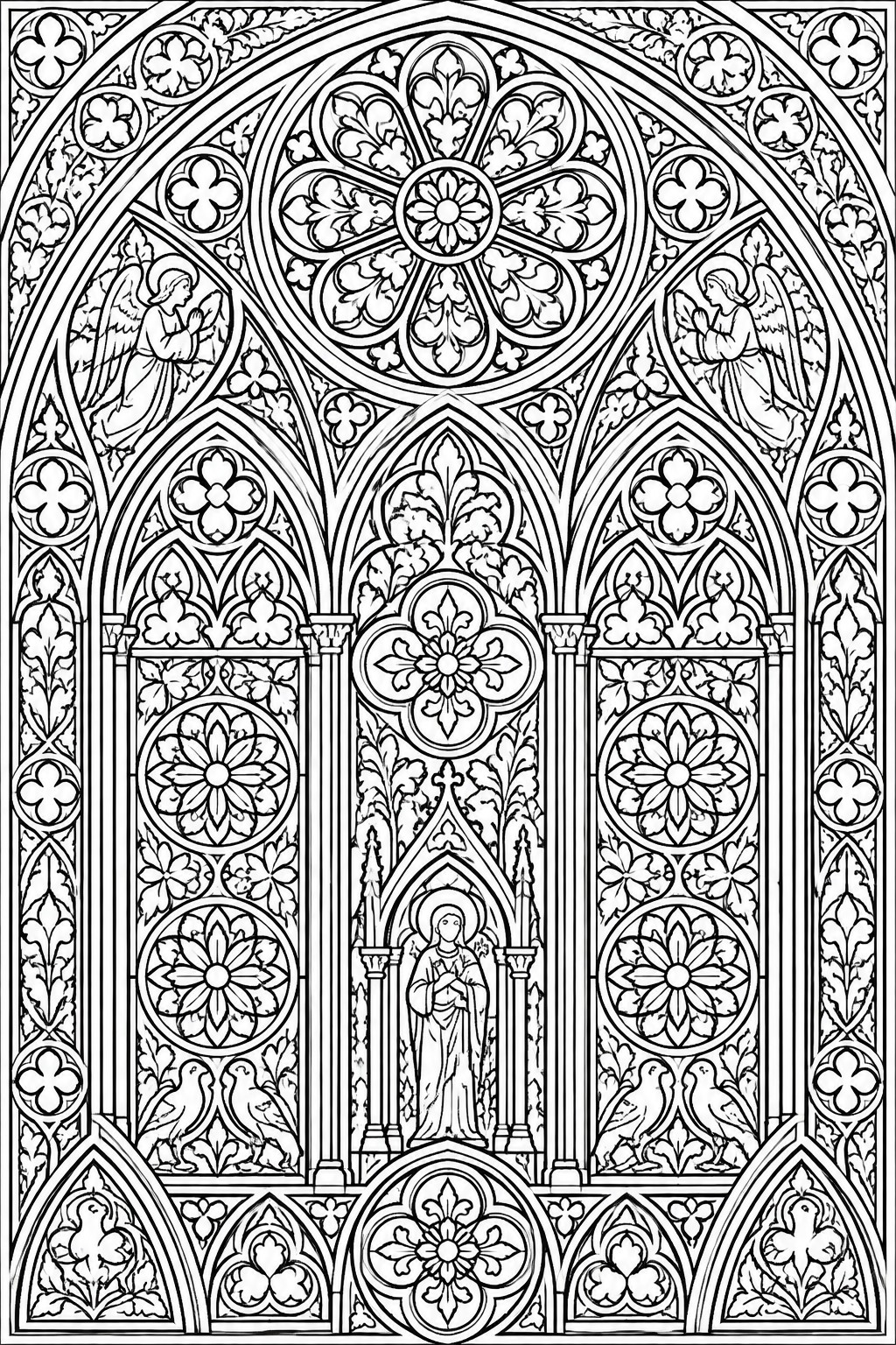 A black and white line drawing of an ornate Gothic cathedral window featuring angels, a central saint figure, birds, and intricate floral and geometric patterns.
