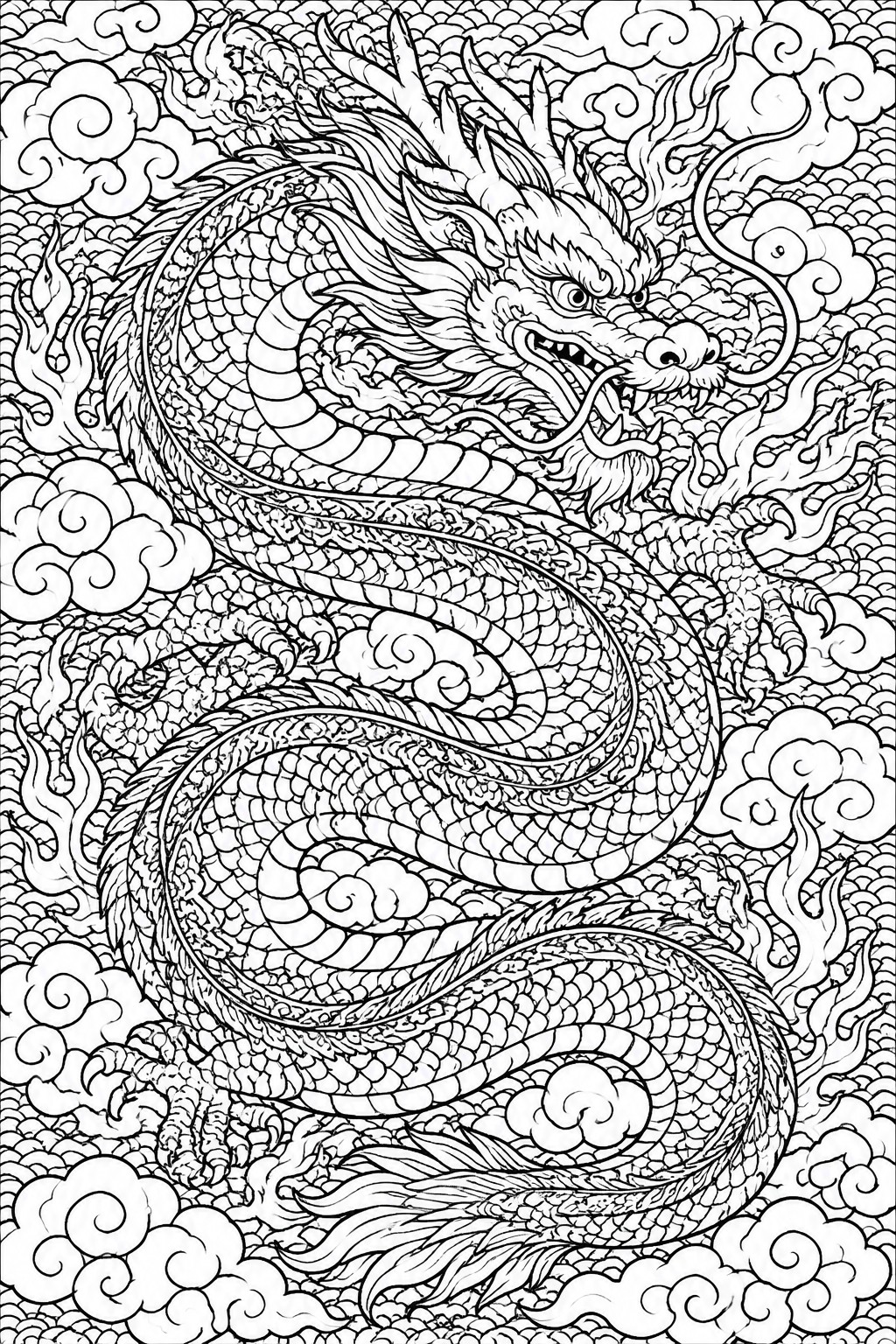 Detailed black-and-white line art of a coiling Chinese dragon amid clouds and flames
