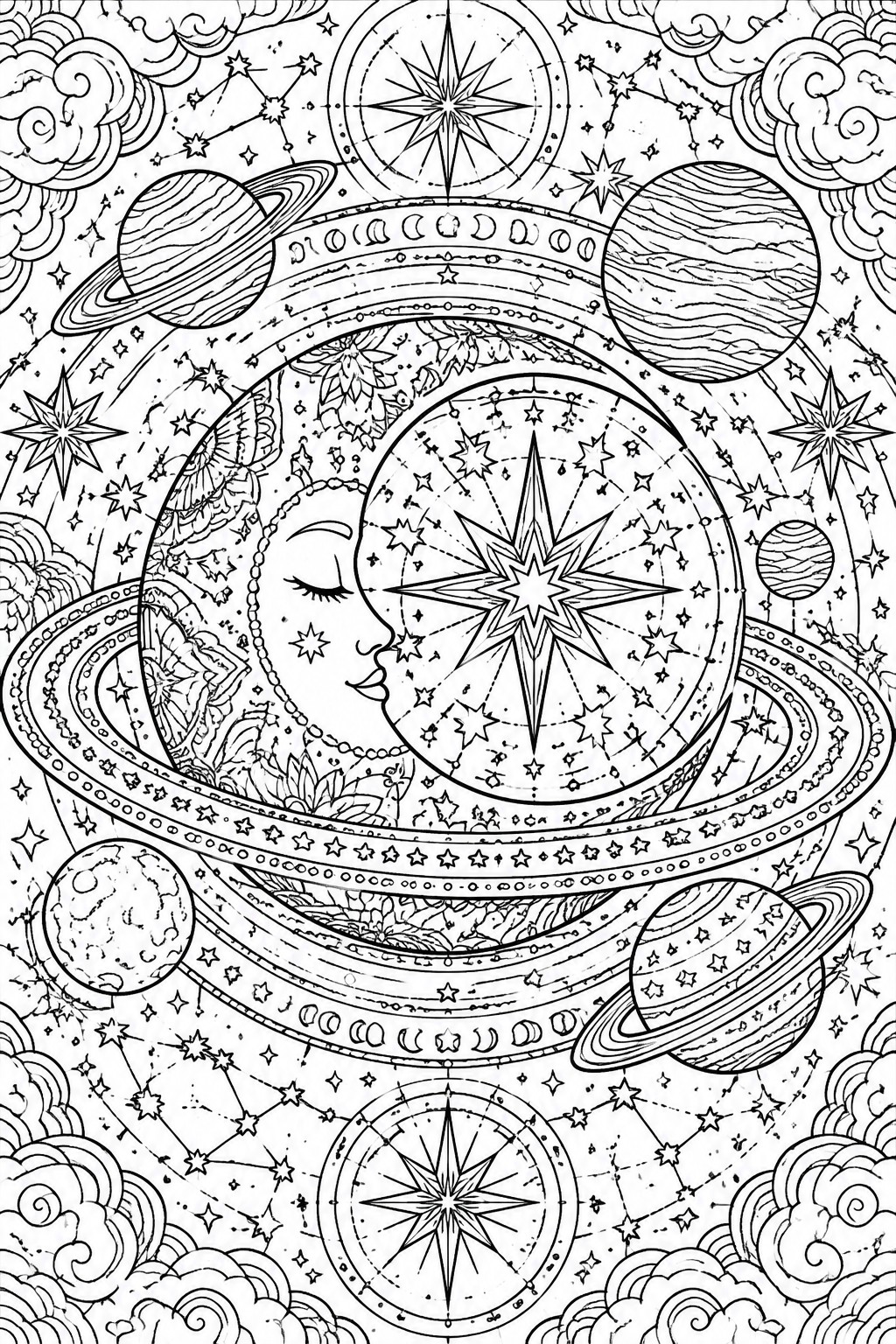 Intricate celestial mandala with moon face, planets, stars, rings, and mandalas
