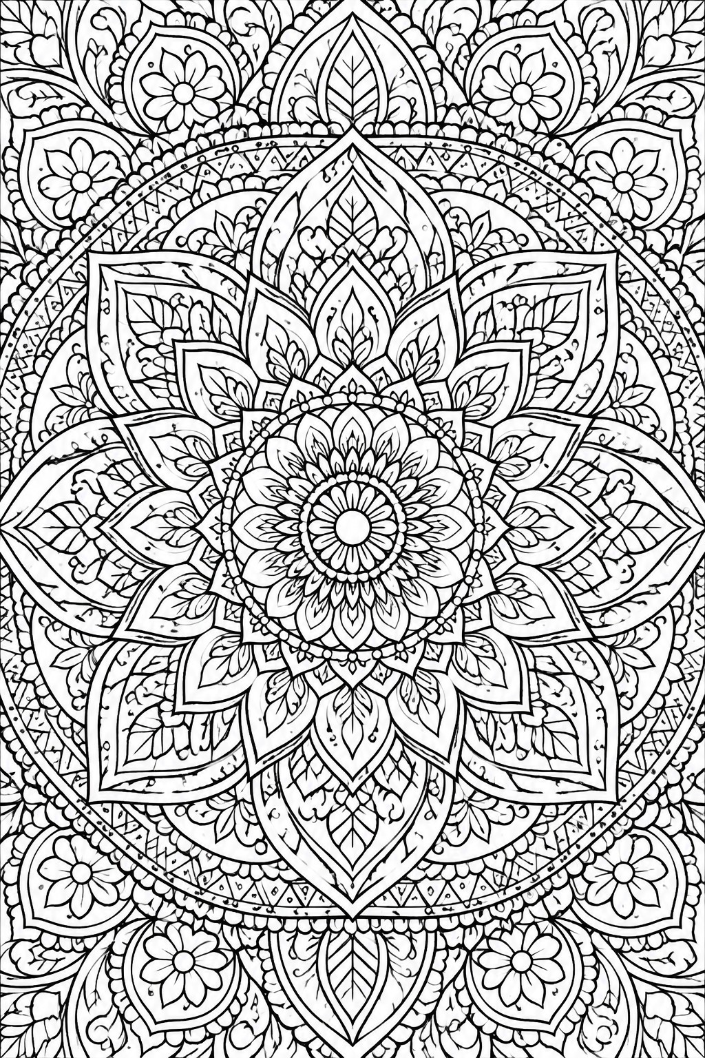 Intricate black and white mandala with floral patterns and geometric layers