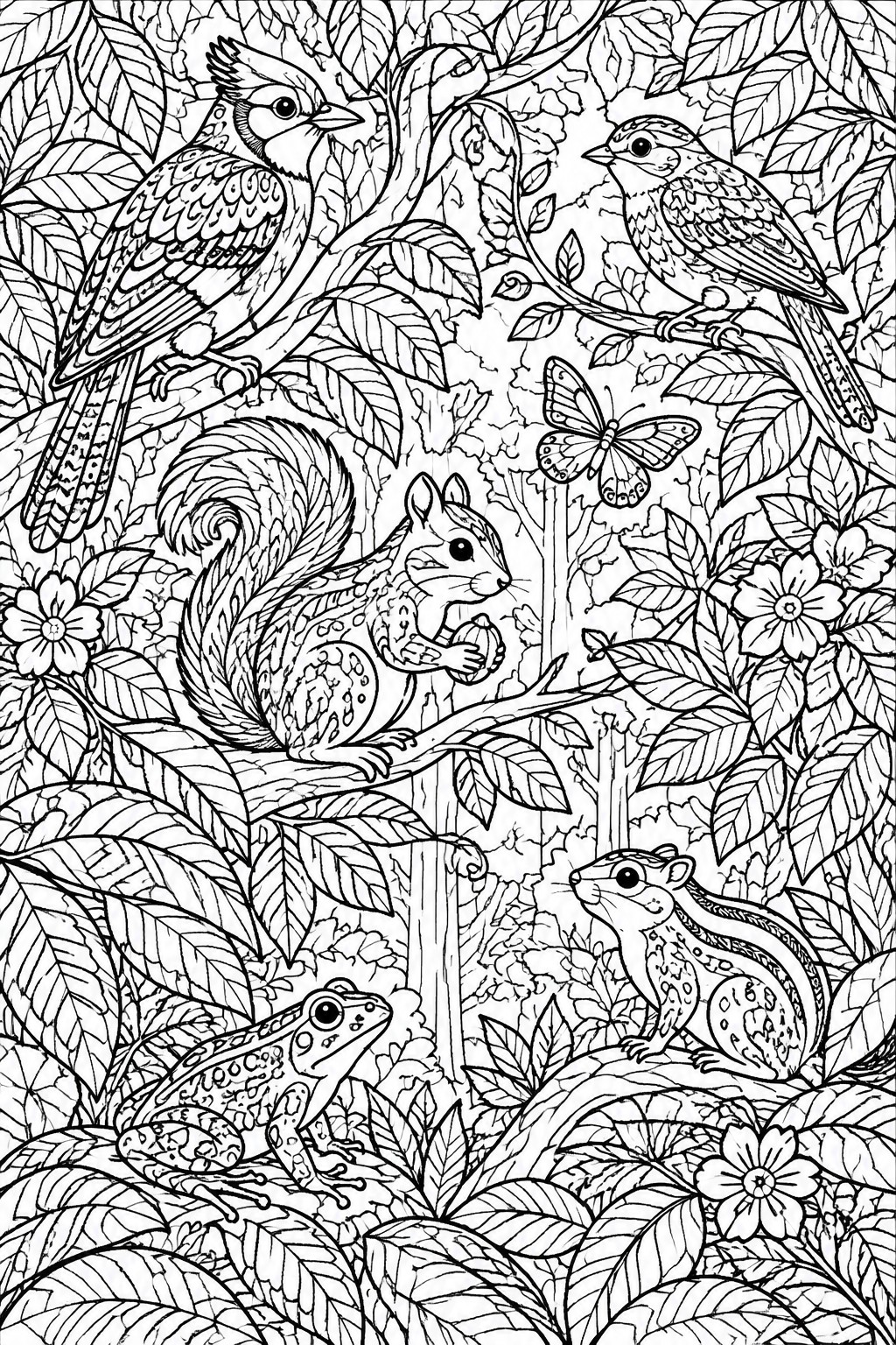 Coloring book page of squirrels, birds, frog and butterfly amid forest leaves and flowers.