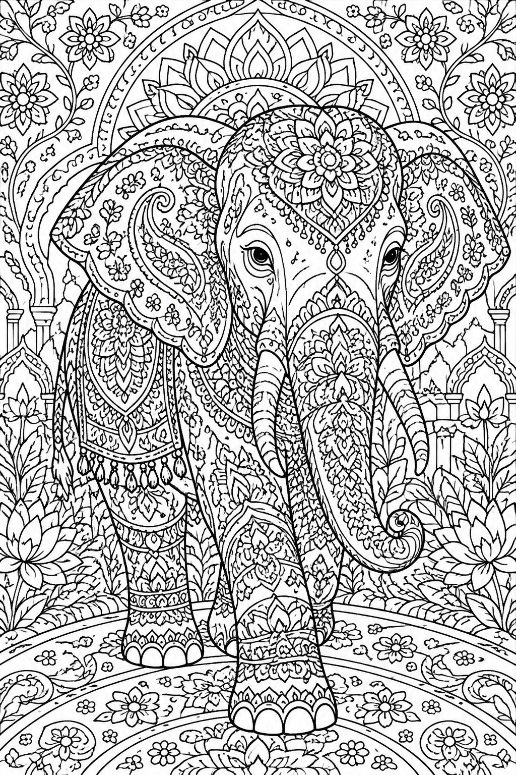 Ornate mandala-patterned elephant amid lotus flowers and temple arches in line art.