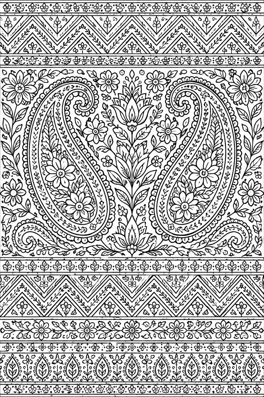 Intricate black and white paisley floral pattern with chevron and leaf borders