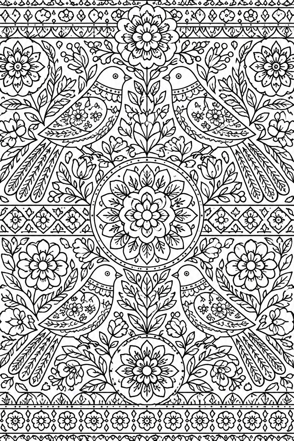 Symmetrical black-and-white line art of birds, flowers, and mandalas.