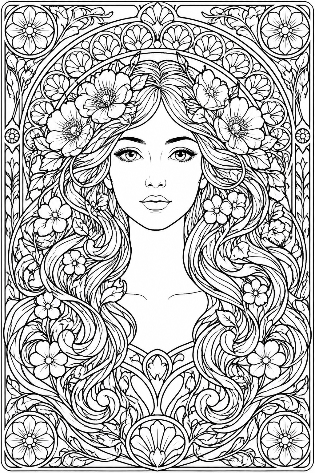 A black and white line drawing of a woman's face with long hair filled with flowers and surrounded by ornate decorative patterns.