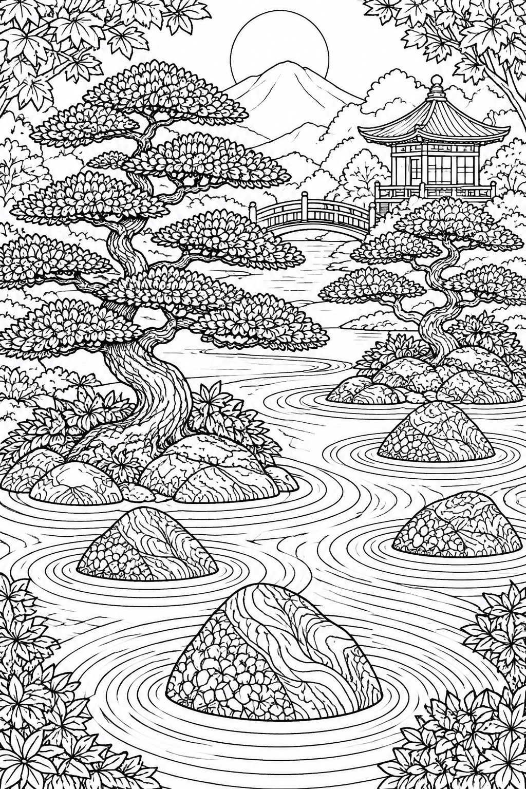 Detailed black-and-white line art of Japanese garden with pagoda, bridge, bonsai and pond