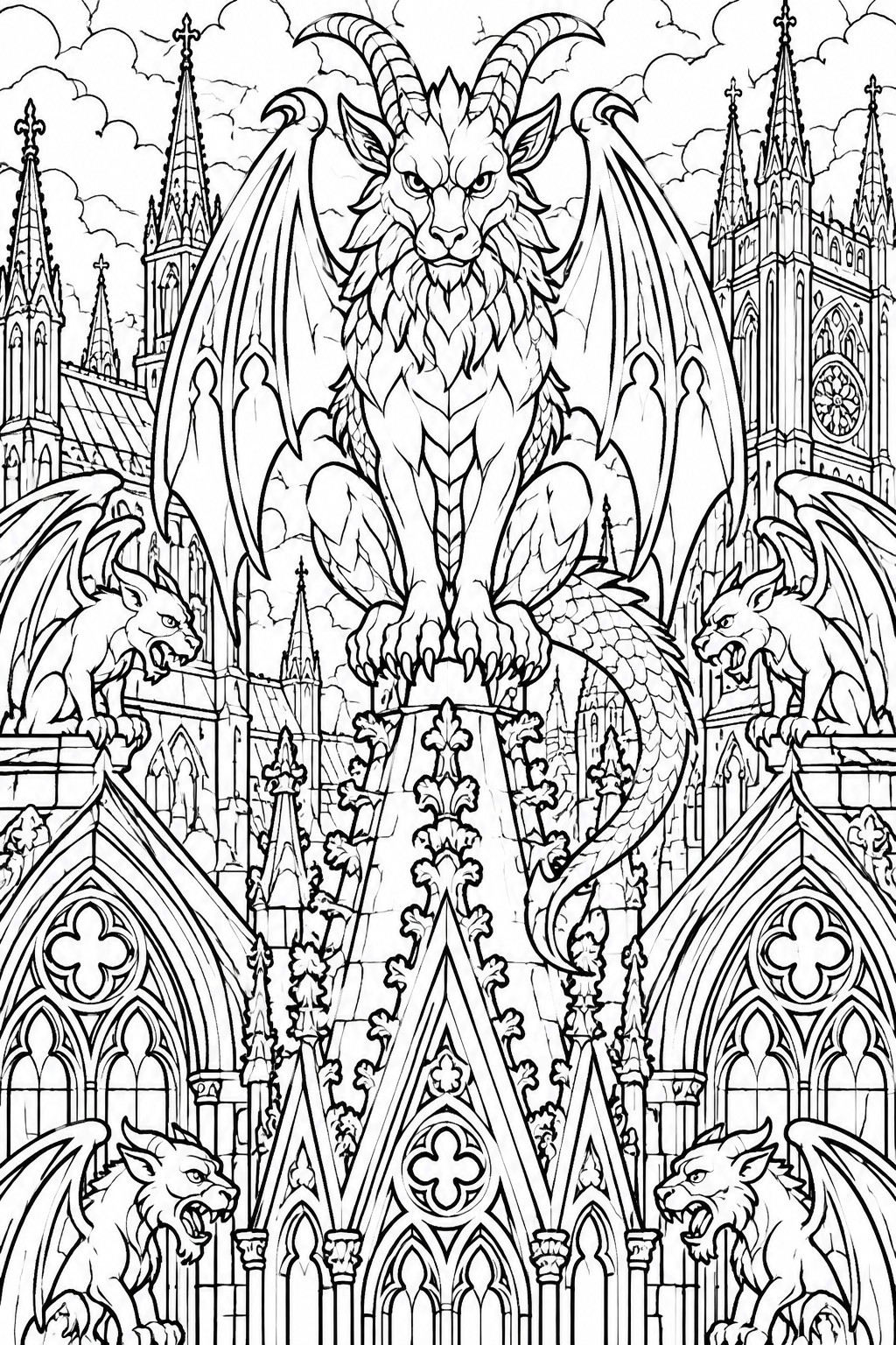 A black and white line drawing shows a large winged goat chimera centered above gothic cathedral arches with smaller gargoyles on the sides and ornate stone details throughout.