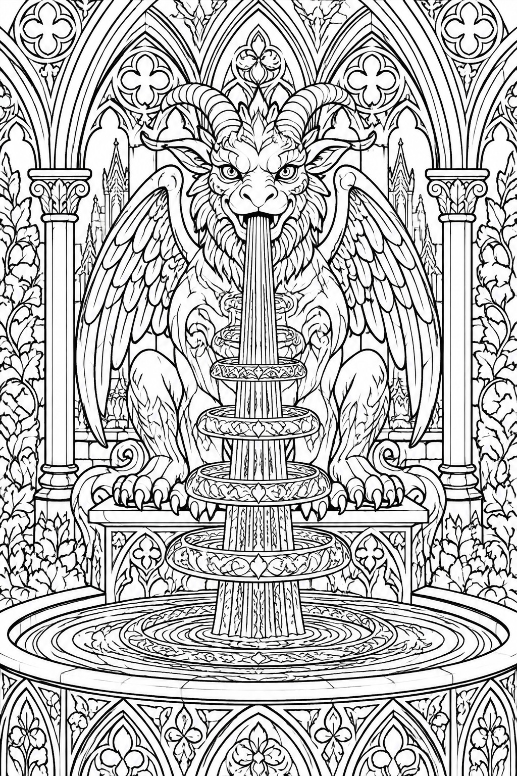 A black and white line drawing of a winged horned creature spouting water into a multi-tiered fountain inside an ornate Gothic structure.