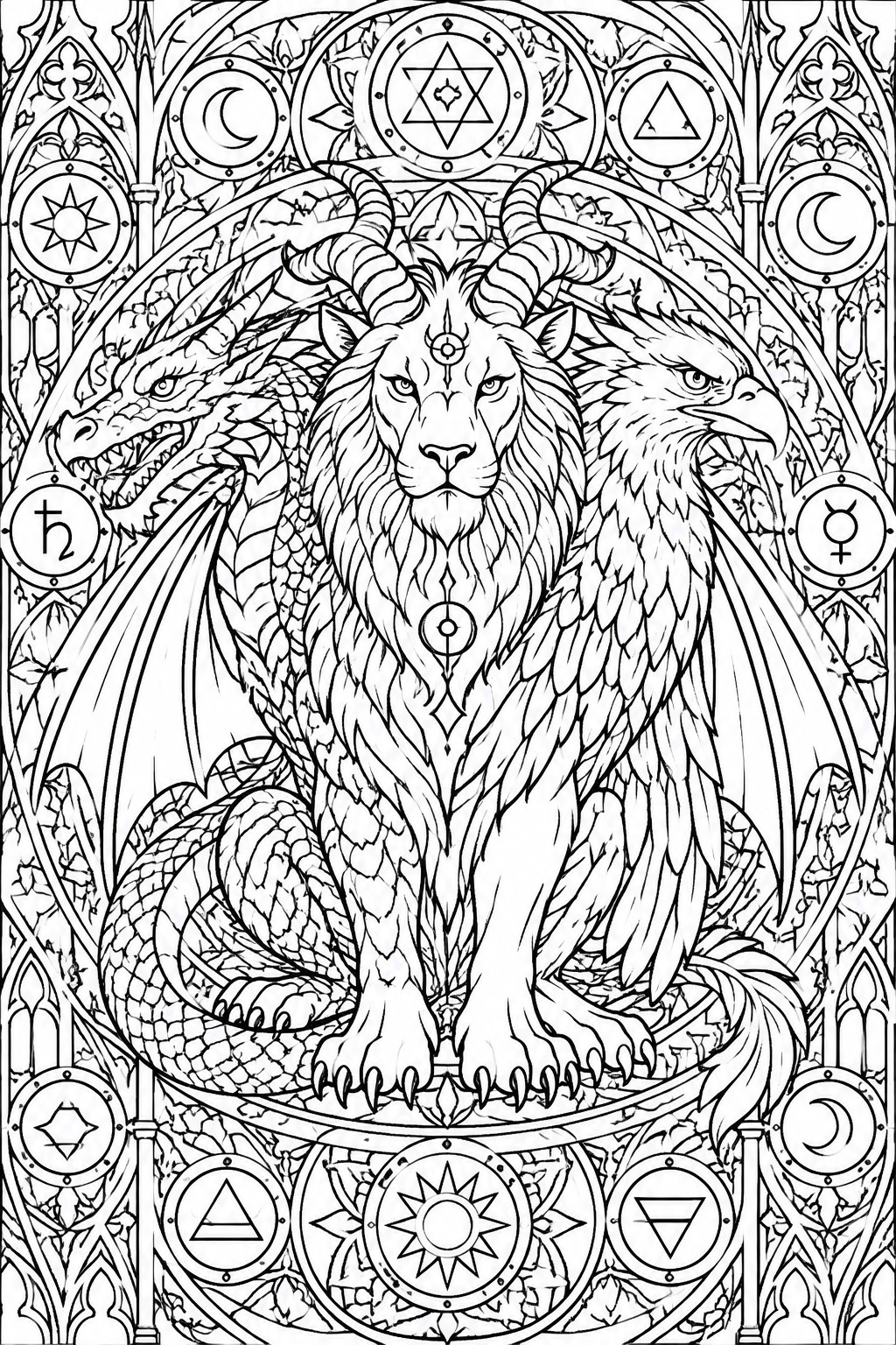 Intricate black-and-white line art of a horned winged lion with dragon amid mystical symbols.