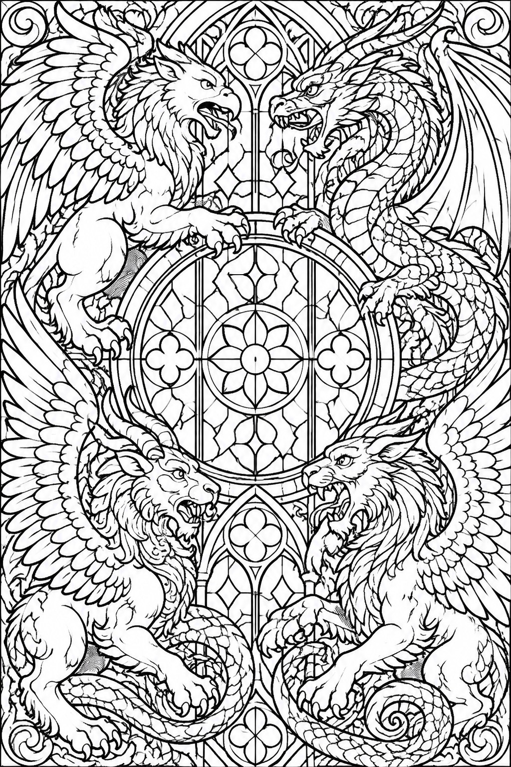 Four winged mythical beasts encircle an ornate gothic stained-glass rose window in line art.