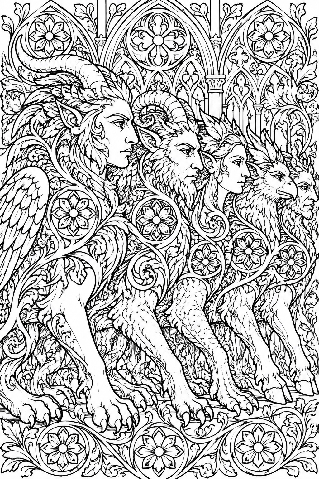 A black and white line drawing shows four hybrid mythical creatures with animal heads walking side by side in front of Gothic arches and floral patterns.