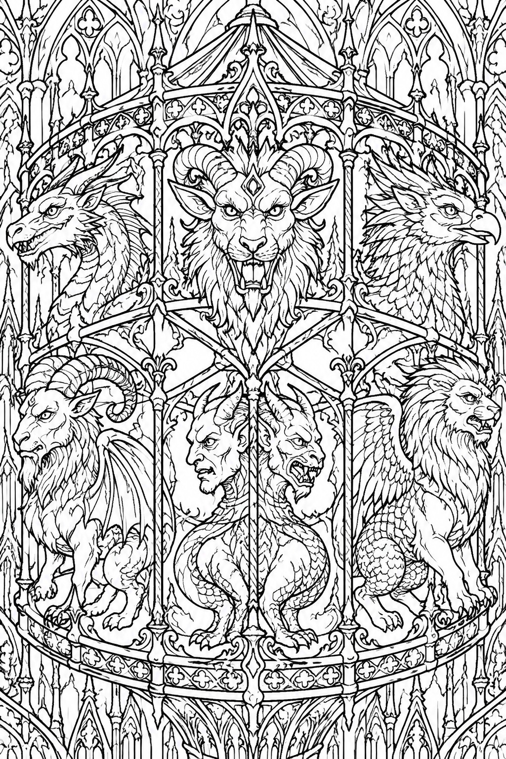 Black and white line art of multiple chimeric creatures including dragons, lions, goats, and eagles arranged in a circular Gothic frame with arches and spires.