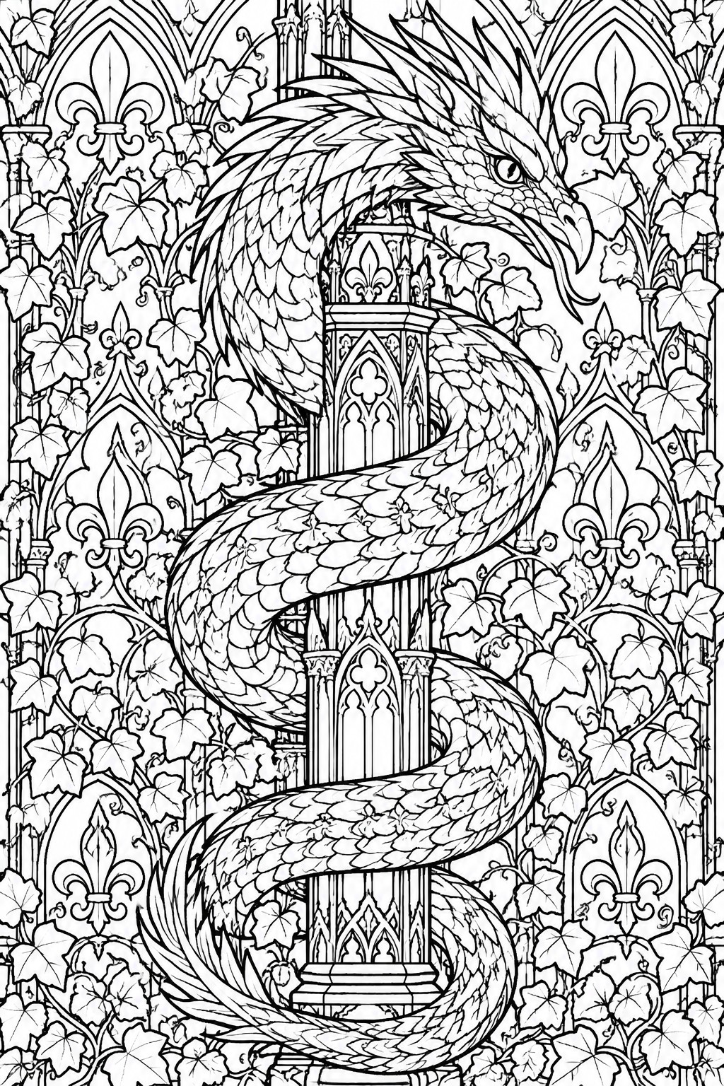 A black and white coloring page featuring a dragon coiled around a Gothic tower with ivy and fleur-de-lis patterns.