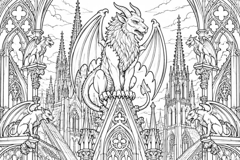A black and white line drawing shows a large winged goat chimera centered above gothic cathedral arches with smaller gargoyles on the sides and ornate stone details throughout.