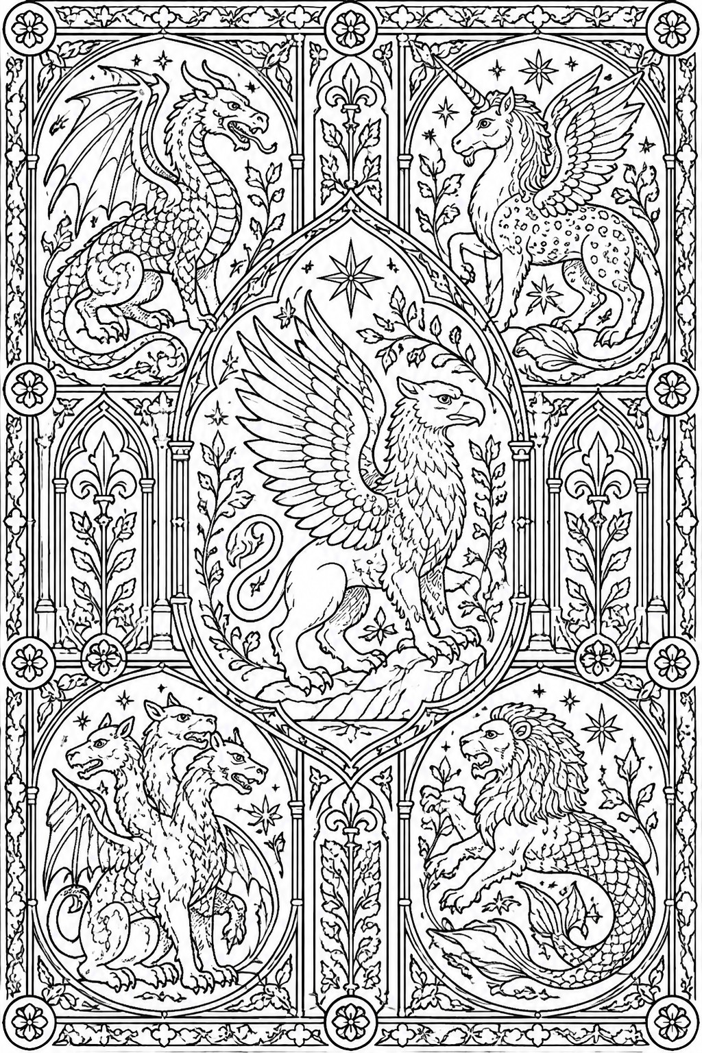 Ornate black-and-white line art of five mythical creatures in Gothic arches.