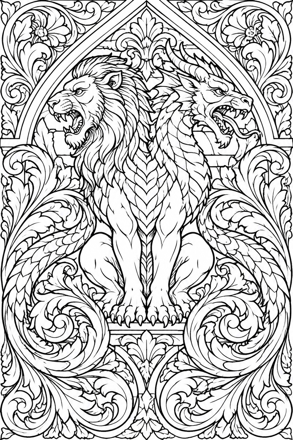 Black and white line art of a two-headed chimera with a lion body, one lion head and one dragon head, set in an ornate Gothic arch with swirling foliage.