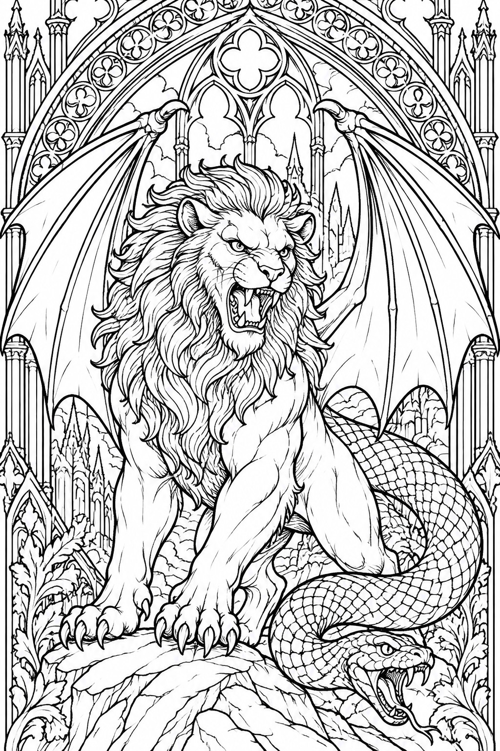 A black and white line drawing of a winged lion with a snake tail posed in front of gothic arches and castle spires.