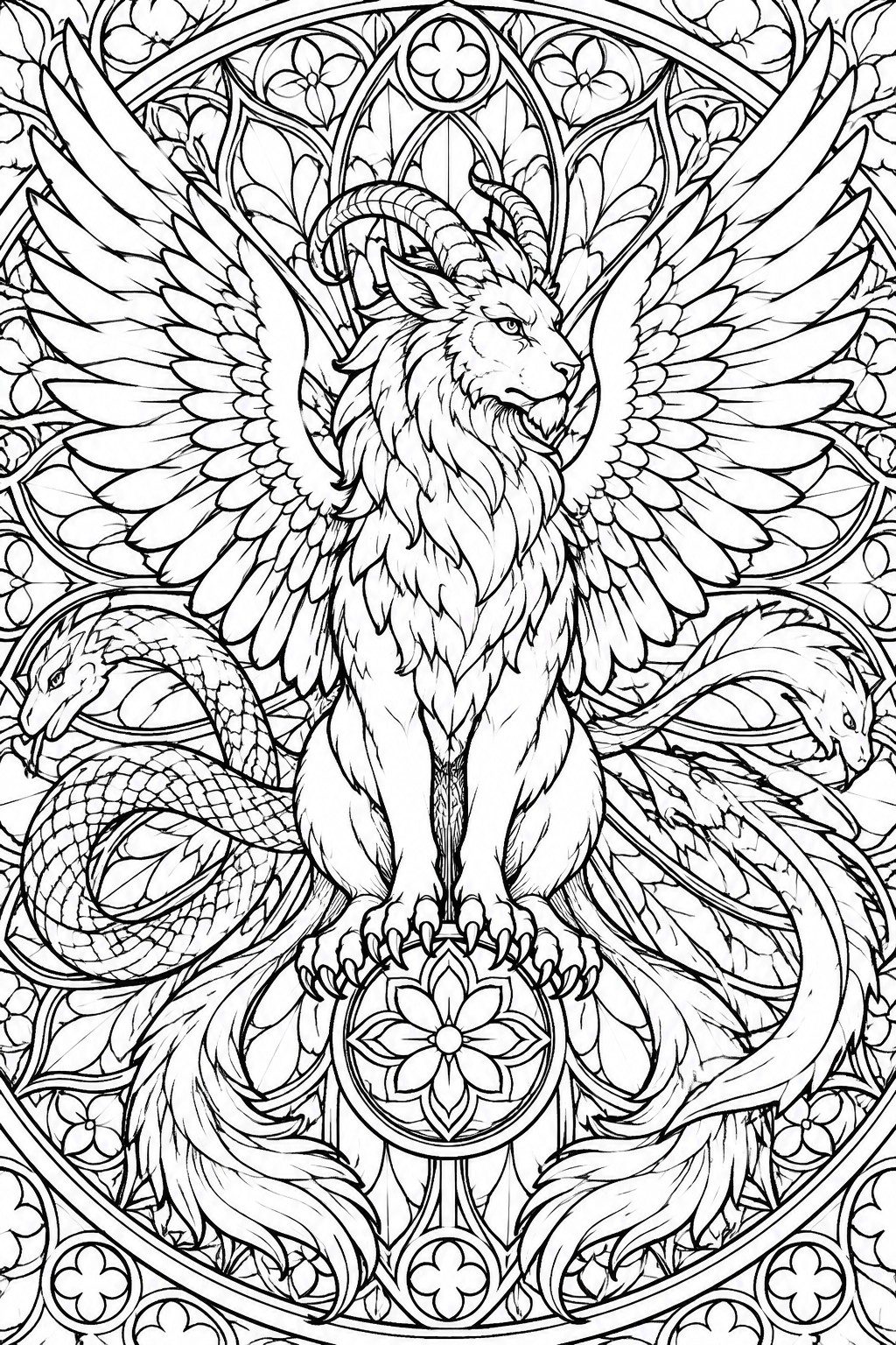 Detailed line drawing of horned winged lion with serpents in ornate circular mandala.