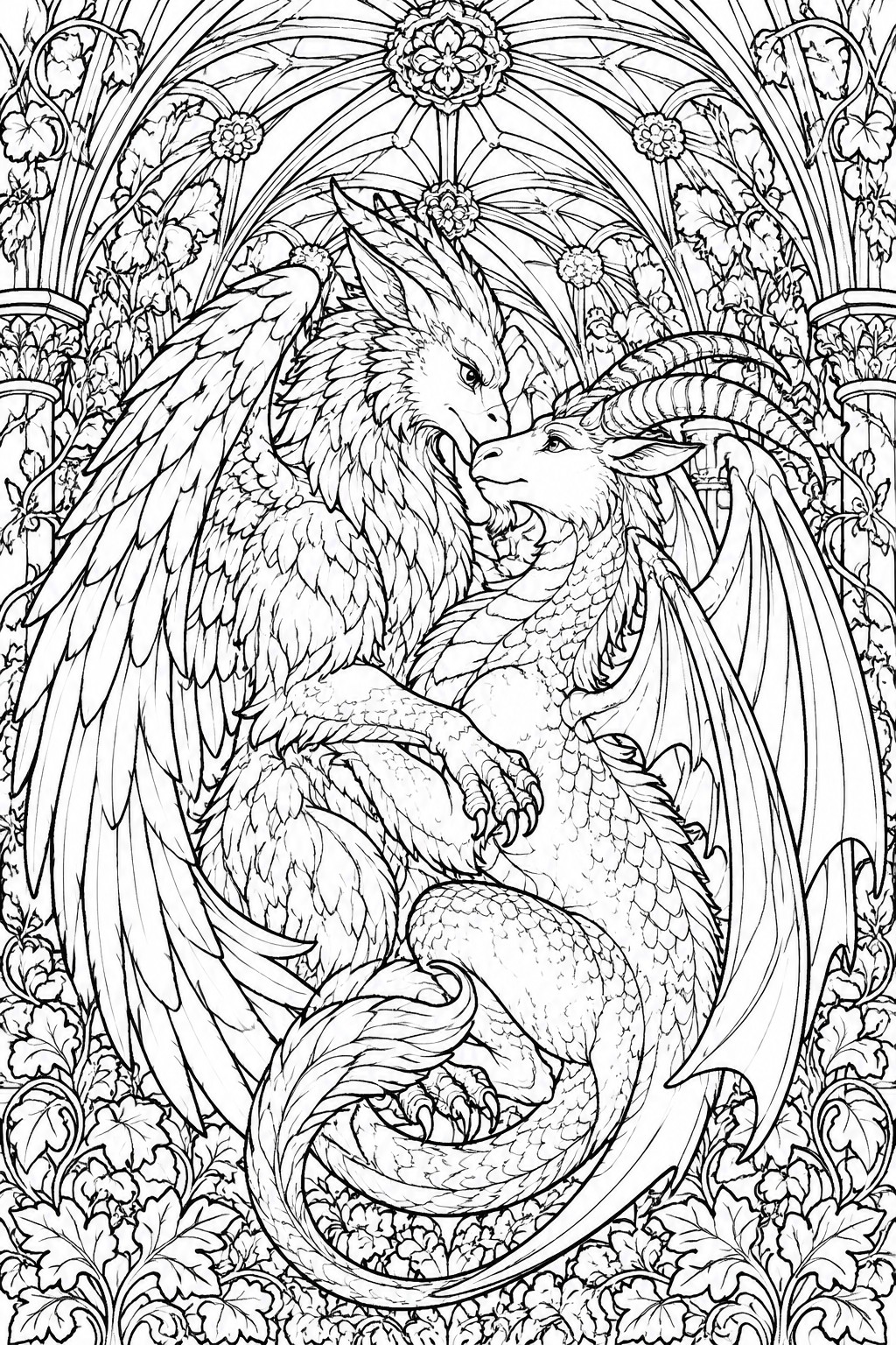 A black and white line drawing of two winged dragon-like creatures facing each other inside a detailed Gothic arch with flowers and vines.