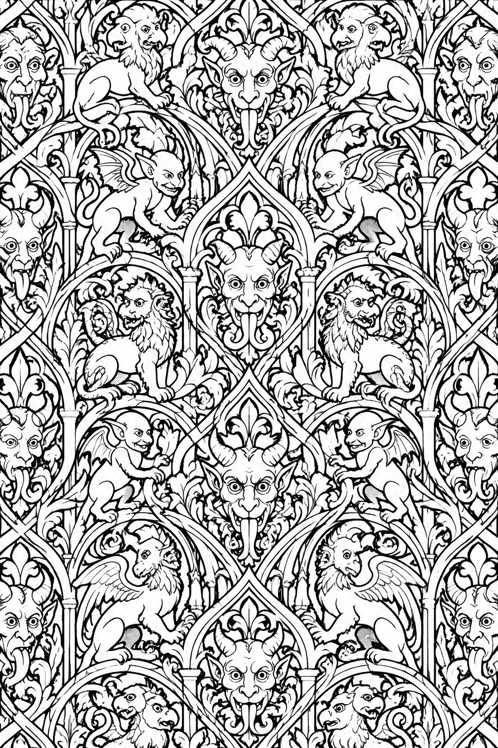 Intricate black-and-white Gothic pattern of mythical beasts, gargoyles, and imps in ornate arches.