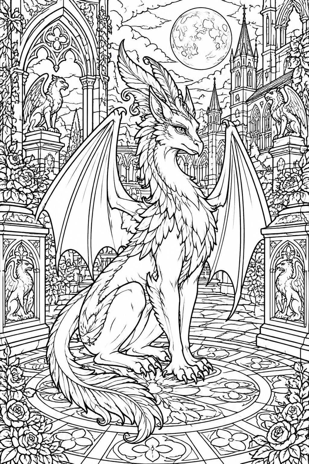 Feathered dragon in moonlit gothic courtyard with towers, roses, and griffin statues.
