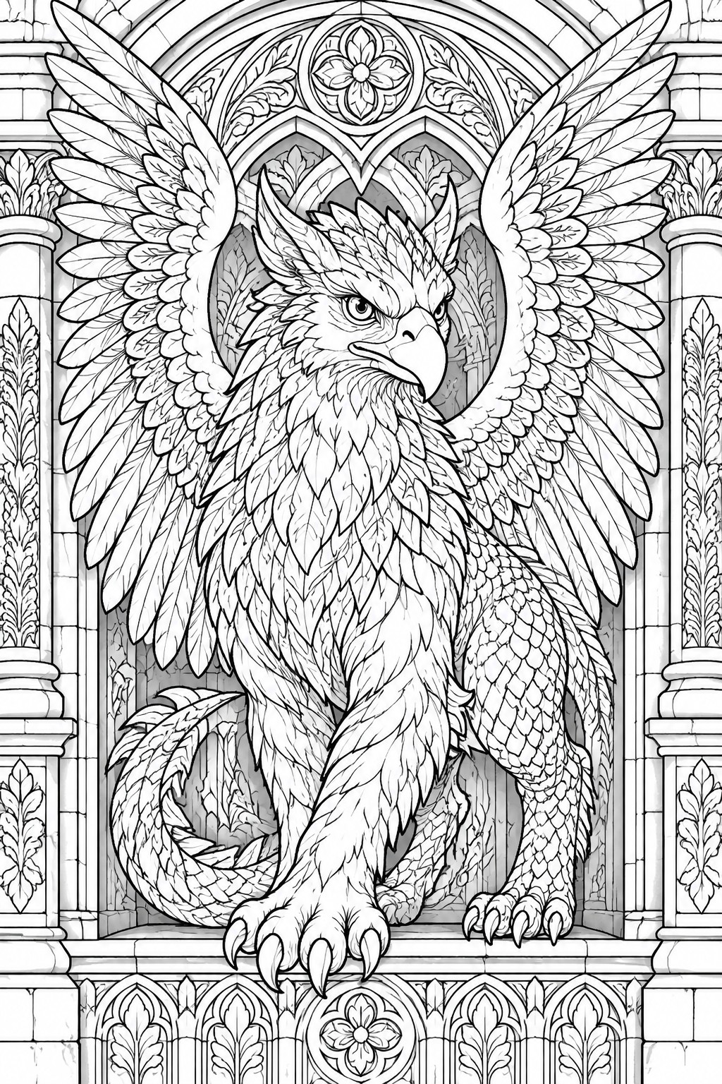 Majestic griffin with spread wings perched on ledge before ornate gothic archway