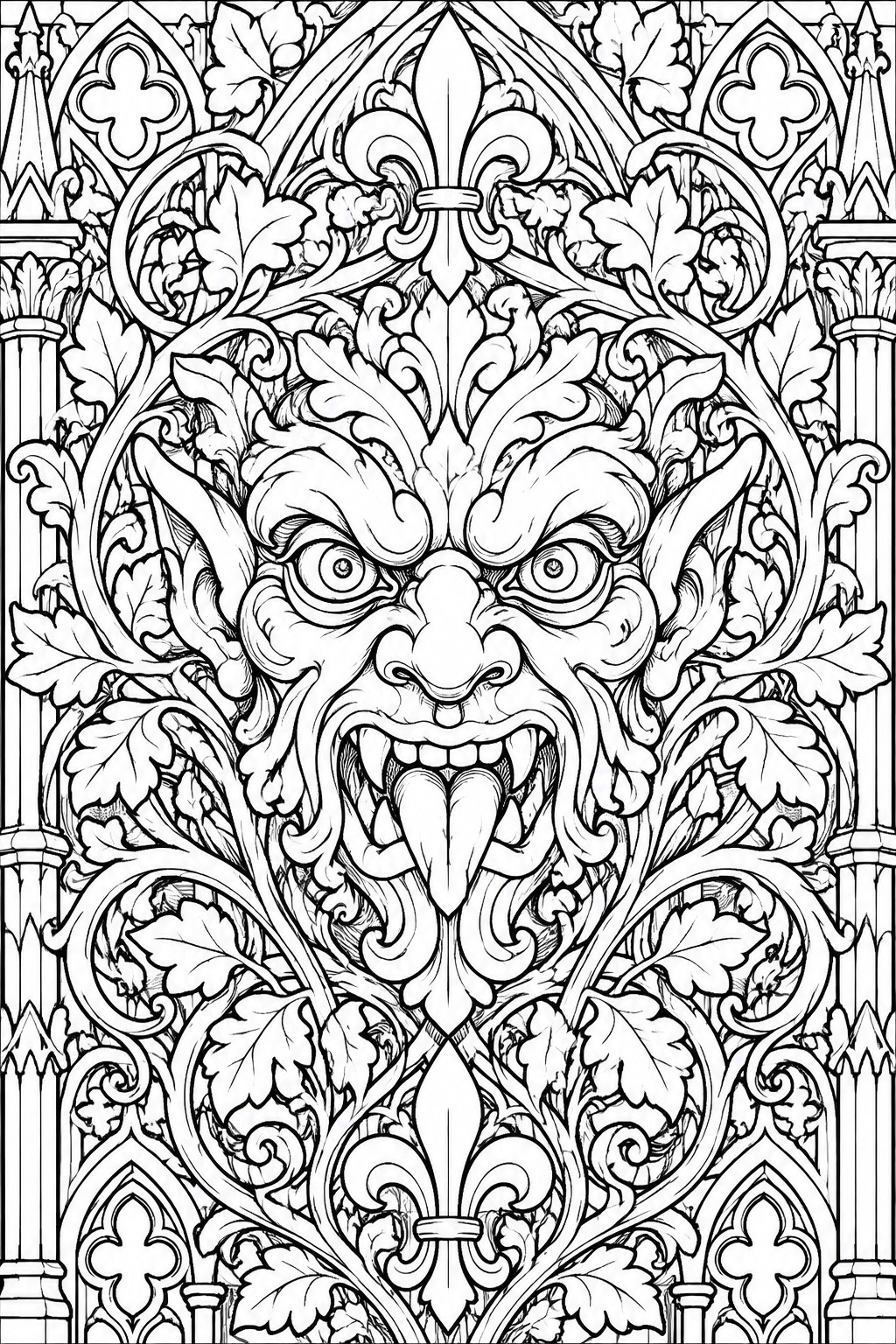 Ornate black-and-white line art of a fierce gargoyle face amid gothic foliage and arches.