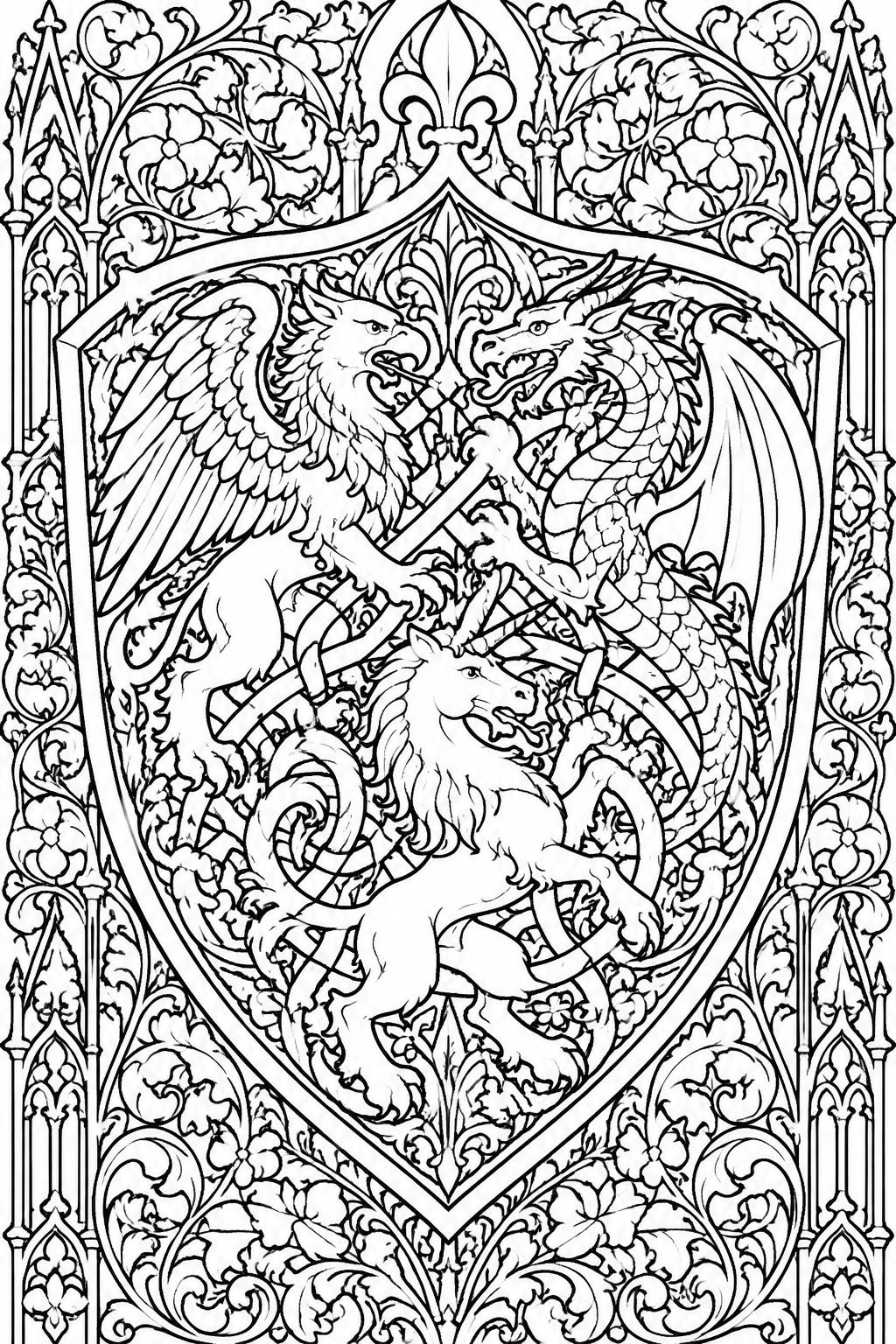 Ornate heraldic shield with griffin battling dragon above rearing unicorn in gothic frame