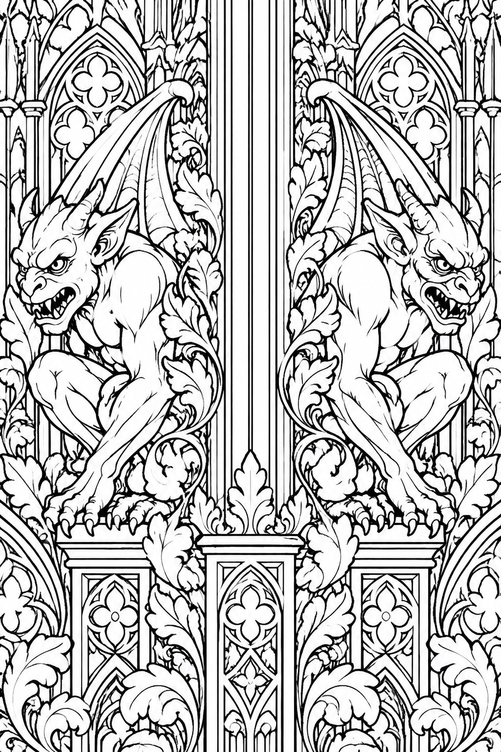 Two horned winged gargoyles perch on ornate Gothic arches and columns with floral carvings.